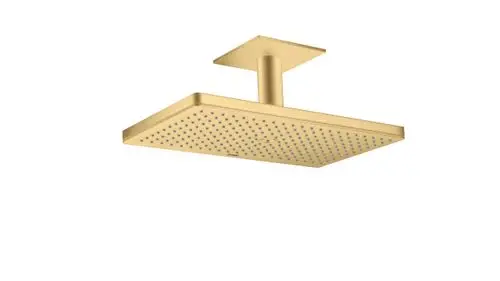 Deckenmontierte Kopfbrause mit rechteckiger Form und Duschdüsen in Brushed Gold Optic von AXOR, ausgestattet für direkte Deckeninstallation.